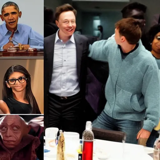 Image similar to peoples around a table, obama, yoda, elon musk, mia khalifa, skyrim