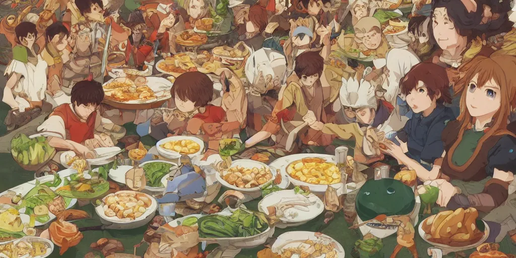 Prompt: A feast for the whole kingdom, very detailed, anime, Delicious, Plump, Juicy, Hot Food, large white border, hd, high resolution print :1 by Sachin Teng, Hayao Miyazaki, Nausicaa, studio Ghibli style, Anime wallpaper, cell shading, trending on deviant art :1