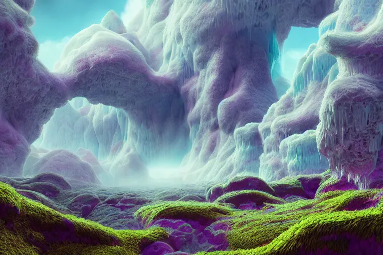 Prompt: a psychedelic realm in another dimension with rolling plains made out of clouds, mountains made out of icebergs, and plant life made out of cotton candy, in the style of wlop, illustration, epic, fantasy, hyper detailed, smooth, unreal engine, sharp focus, ray tracing