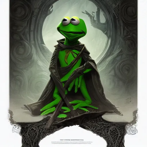 Image similar to kermit the frog as a wizard of death, d & d, fantasy, intricate, elegant, highly detailed, digital painting, artstation, concept art, matte, sharp focus, illustration, hearthstone, art by artgerm and greg rutkowski and alphonse mucha