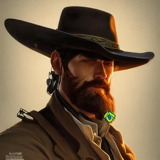 Image similar to Three quarters portrait of a gunslinger gentleman, highly detailed, digital painting, art by Stanley Lau and Artgerm and magali villeneuve and Alphonse Mucha, artstation, octane render, cgsociety