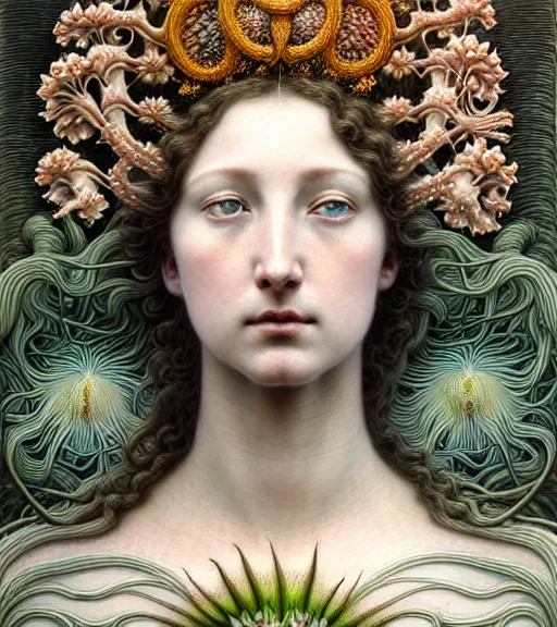 Prompt: beautiful young flower queen detailed realistic porcelain face portrait by jean delville, gustave dore, iris van herpen and marco mazzoni, art forms of nature by ernst haeckel, art nouveau, symbolist, visionary, gothic, neo - gothic, pre - raphaelite, fractal lace, intricate alien botanical biodiversity, surreality, hyperdetailed ultrasharp octane render