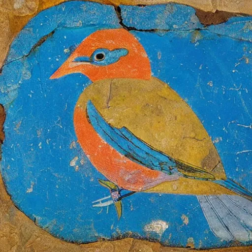 Image similar to “Blue Bird” fresco depicts a blue bird sitting among plants on a rock in a mountainous landscape. Part of a large landscape fresco that once decorated spacious room of a house west of palace of Knossos, House of frescoes, 1600-1500 BC, at Knossos, Crete.