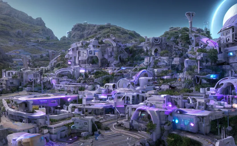 Image similar to futuristic robotic village with technology, white, purple roofs, ancient greek style, sci-fi, beams, tubes, pipes, built on a steep hill, on top of the hill is a futuristic greek temple, pillars, cyberpunk, cgi, in the style of Pixar, hyper realistic, Unreal Engine 5, octane render, trending on art station