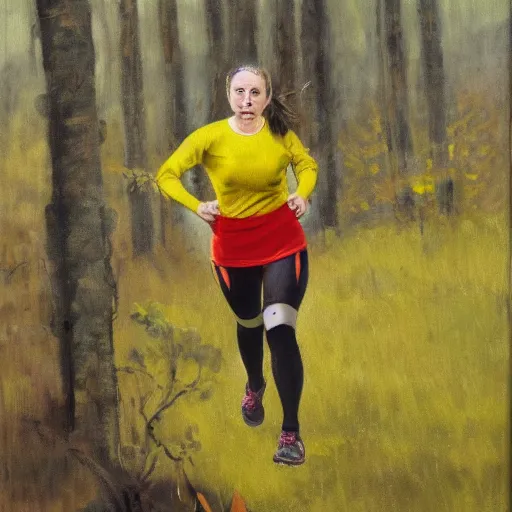 Image similar to a female orienteer wearing a yellow long - sleeved shirt and black tights runs in the forest, oil on canvas.