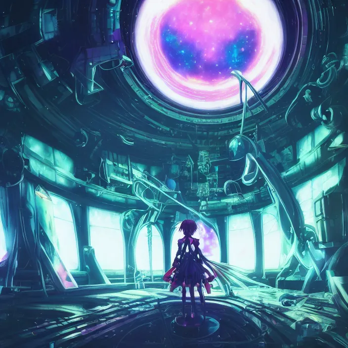 Image similar to Albedo from overlord, mamimi samejima, psychedelic background, epcot, inside a space station, eye of providence, female anime character, Lain, uwu, uwu, Luminism, Tomas Sanchez, surrealism, Simon Stålenhag, Ruan Jia, uwu Hi-Fructose, Artstation, HD, HDR, High Resolution, technological rings, giygas