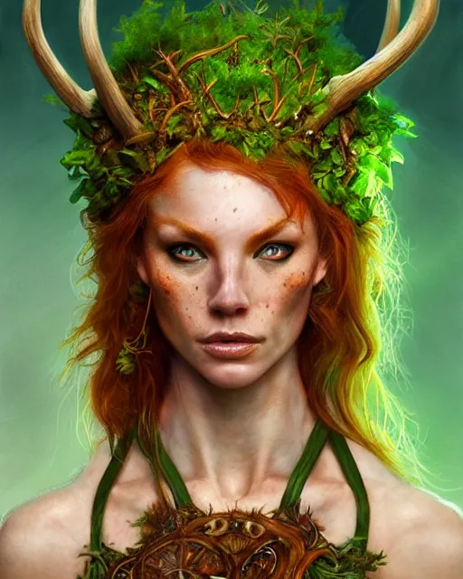 Prompt: muscular female druid, perfect face, thin antler crown, green halter top, ginger hair, abs, cinematic, freckles, stunning, athletic, strong, agile, highly detailed, psychedelic, digital painting, artstation, smooth, hard focus, illustration, art by jessica rossier and and brian froud