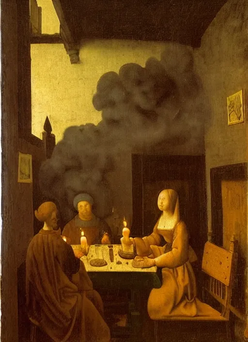 Image similar to a candlelit table at the inn, two people sitting at the table, swirling smoke, dark smoke, realistic, in the style of leonardo da vinci, dutch golden age, amsterdam, medieval painting by jan van eyck, johannes vermeer, florence