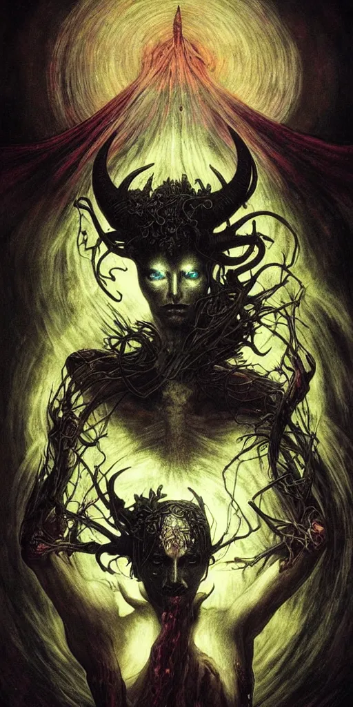 Prompt: intense glowing black metal pagan god with horns and veins and intense glowing eyes and a blood skull in very dark cosmic space by beksinski and alphonse mucha and karol bak and artgerm, portrait, fantasy, clear, light beams, lens flare, intense, uhd, amazing depth, cinematic lighting, shining gold and black and red
