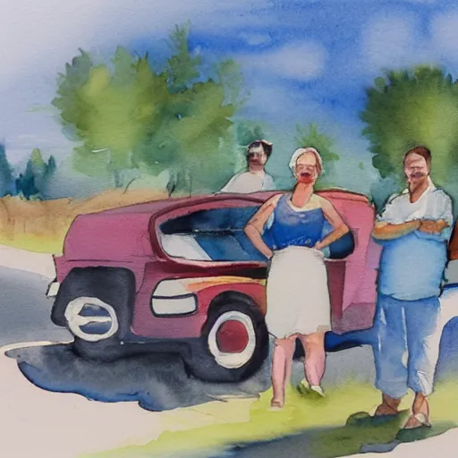 Prompt: a watercolor painting of some people next to a car