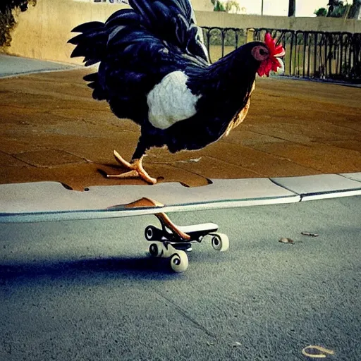 Image similar to a chicken riding a skateboard in california los angeles by greg rutkowski