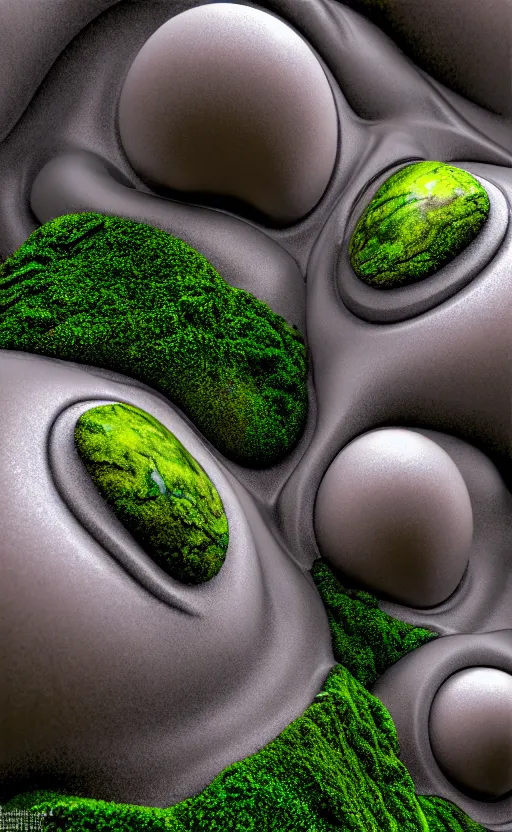 Image similar to highly detailed ultra sharp 3 d render cinematic composition of a smooth ceramic porcelain biomorphic magnolia stone nebula fluid fractal sci - fi surreal architecture landscape, granite, metallic, magnesium, marble, moss and lichen, vincent callebaut composition, mamou - mani, archviz, beautiful lighting, 8 k, unreal engine, hdr,