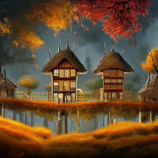 Prompt: a handful of tree houses complete with chimneys with puffs of smoke, nestled in a forest, thatched roofs, golden hour, autumn leaves, ethereal, realistic high quality art digital art trending on artstation