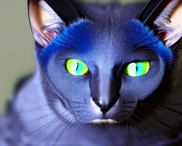 Image similar to a blue - and - black male blue / green heterochromatic catbat fursona with blue / green heterochromatic eyes ( one eye green ) and huge bat ears, photo of the catbat streaming on his computer