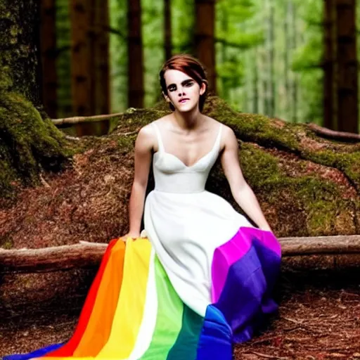 Image similar to photo of emma watson wearing a rainbow wedding gown sitting in a forest