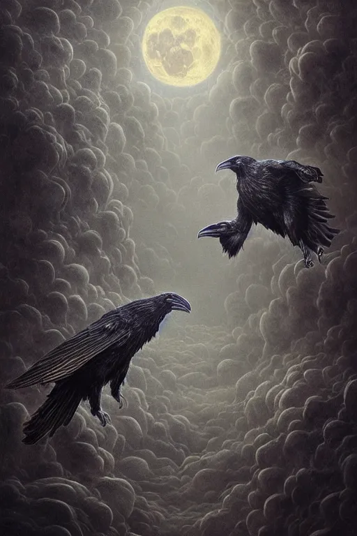 Image similar to Intricate stunning highly detailed surreal ravens by agostino arrivabene and Seb McKinnon, sculpture, ultra realistic, Horror vacui, full moon, thick swirling smoke tornado, fire embers, trending on artstation