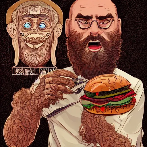 Image similar to beard man angry with italian burger. symmetrical anatomy, very intricate details, digital art, baroque, pop punk art style, colorful, accompanied by body, without duplication, dribble popular, artstation trending, drawn by ilya kuvshinov and iwan suastika and vinicius gud and gustavo zambelli, intricate, balance rendered.