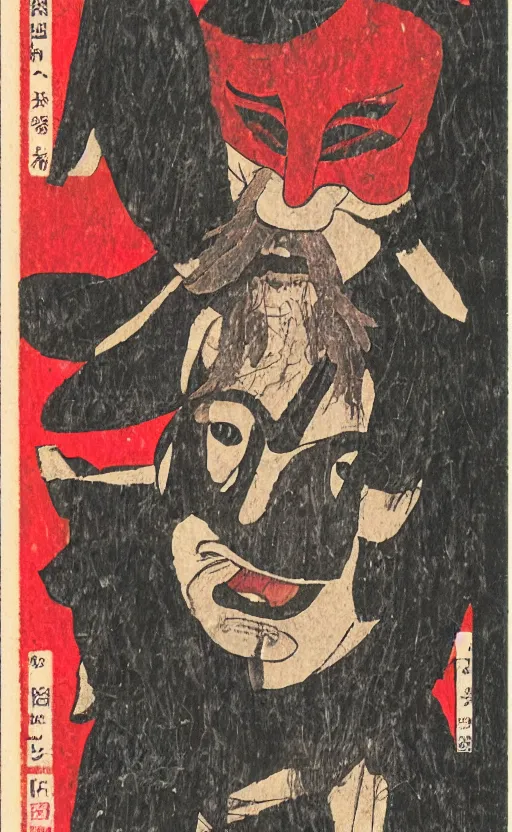 Image similar to by akio watanabe, manga art, a man masked as tengu sitting, red mask, abandoned japaense village, trading card front