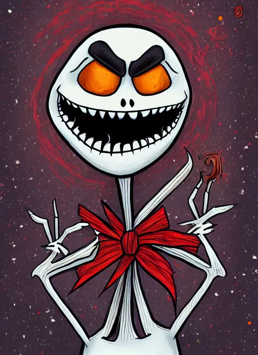 Image similar to jack skellington as a cosmic horror garfield with razor sharp teeth, red eyes, red teeth, digital art, lineart