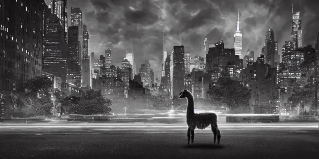 Image similar to a llama walking through a desolate manhattan city street at night, statue of liberty seen in the background, realistic 4 k octane beautifully detailed render, 4 k post - processing, highly detailed, intricate complexity, epic composition, magical atmosphere, cinematic lighting, masterpiece, ultra hd