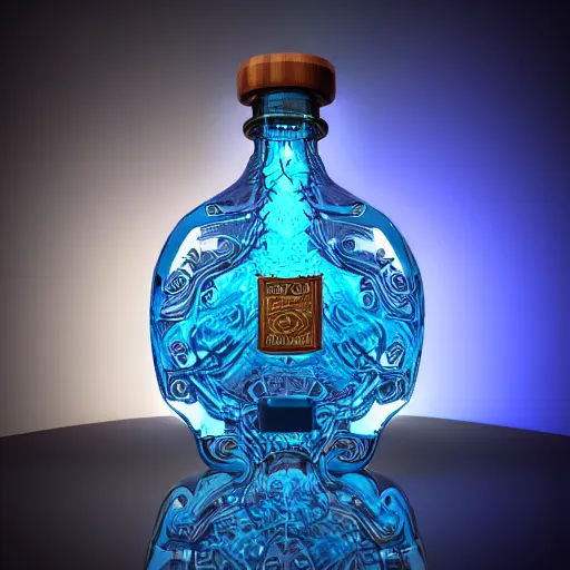 Prompt: spirit potion containing swirling glowing blue liquid, beautiful intricate glass bottle, dark!!! background, dramatic lighting, fantasy, CGI, octane render, 8k
