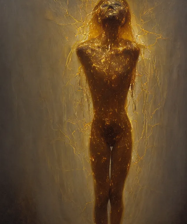 Image similar to Beautiful full-body wax sculpture of glowing transparent woman in glowing cloth with visible gold bones covered with melted white wax inside the singularity where stars becoming baroque folds of dark matter by Michelangelo da Caravaggio, Nicola Samori, William Blake, Alex Grey and Beksinski, dramatic volumetric lighting, highly detailed oil painting, 8k, masterpiece