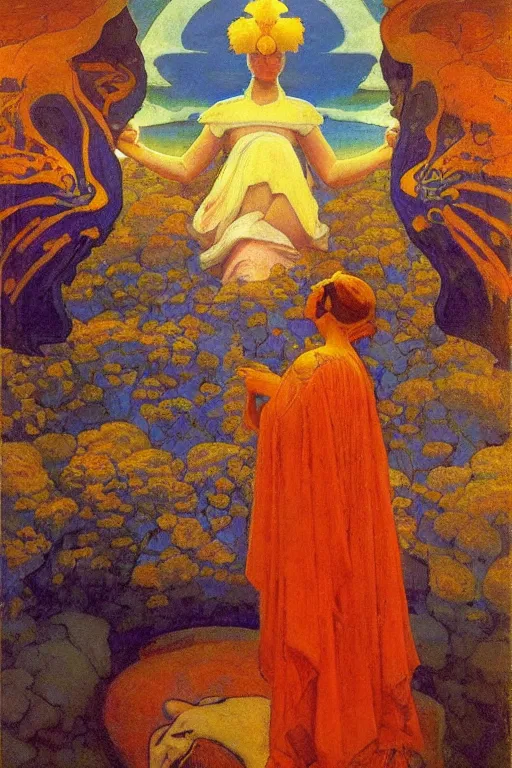 Image similar to spirit of high Summer, by Nicholas Roerich and Annie Swynnerton and Sidney Harold Meteyard, dramatic cinematic lighting , ornate headdress , flowing robes, sacred artifacts, lost civilizations, smooth, sharp focus, extremely detailed