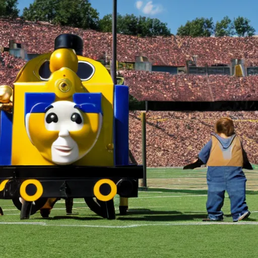 Image similar to purdue pete as thomas the tank engine on a football field