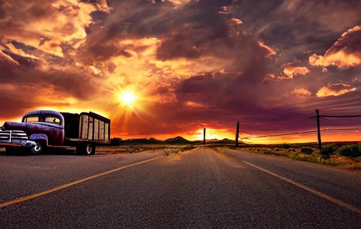 Image similar to A beautiful colorful evening scene of route66, old road with abandoned gas station and rusty old pickup truck, hyper realistic, blinding backlight evening sun, sparkling sun rays, epic scene, intense setting, evening vibe