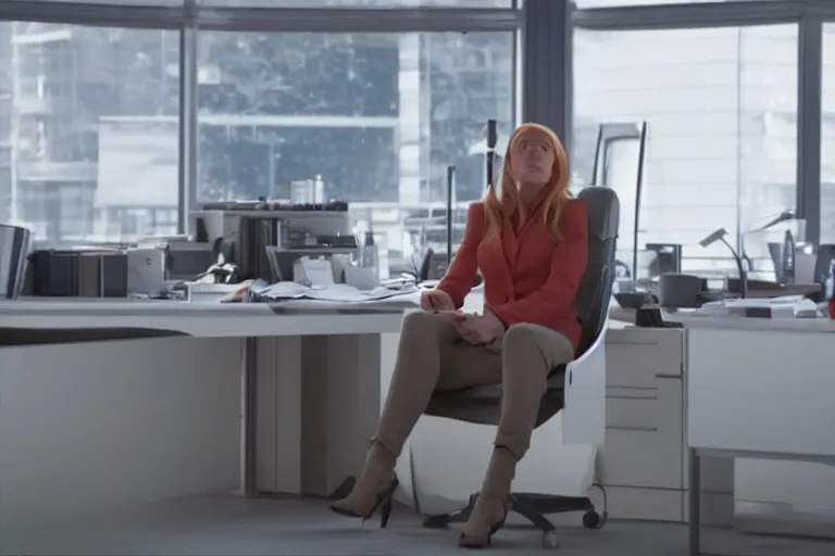 Image similar to award winning shot of pepper potts, ceo of stark industries, sinks into her chair, desolate, her once - spotless office now covered in dust. she sobs. screenshot from the mcu, ambient lighting, 8 k, as played by gwyneth paltrow