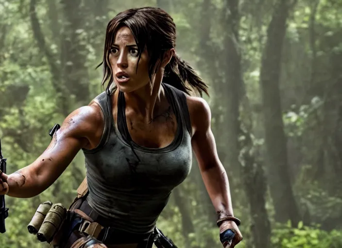 Image similar to film still of!!!! chloe bennett!!! as lara croft in new tomb raider movie, 8 k