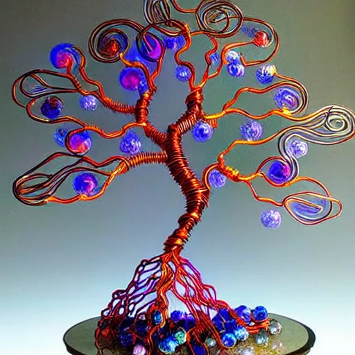 Image similar to intricate wire tree with agate accents, delicate, magnificent design, masterpiece, colorful, surreal, elaborate, dramatic lighting