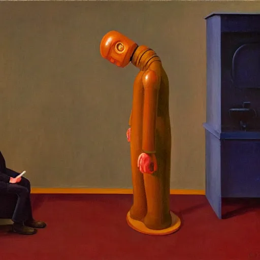 Image similar to robot therapist, portrait, grant wood, pj crook, edward hopper, oil on canvas