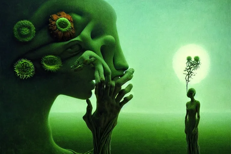 Image similar to imagination of surreal scene flower with broken human sculpture, in the style of beksinski, solarpunk, atmospheric, clean, intricate and epic composition, green by caravaggio, insanely quality, highly detailed, masterpiece, blue light, artstation, 4 k