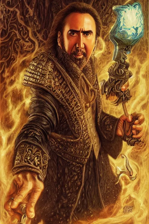 Image similar to Nicolas Cage as wizard, fantasy, intricate, highly detailed, artstation, illustration by ken kelly