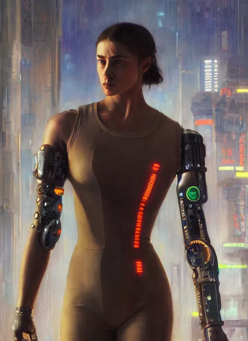 Image similar to cyberpunk olympic weightlifter with robotic arms wearing a jumpsuit ( blade runner 2 0 4 9, cyberpunk 2 0 7 7 ). orientalist portrait by john william waterhouse and james gurney and theodore ralli and nasreddine dinet, oil on canvas. cinematic, hyper realism, realistic proportions, dramatic lighting, high detail 4 k
