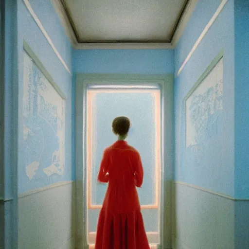 Image similar to a lonely girl in an haunted liminal abandoned room, film still by wes anderson, limited color palette, very intricate, art nouveau, highly detailed, lights by hopper, soft pastel colors