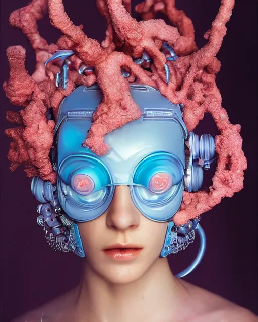 Image similar to natural light, soft focus portrait of a cyberpunk anthropomorphic coral with soft synthetic pink skin, blue bioluminescent plastics, smooth shiny metal, elaborate ornate head piece, piercings, skin textures, by annie leibovitz, paul lehr