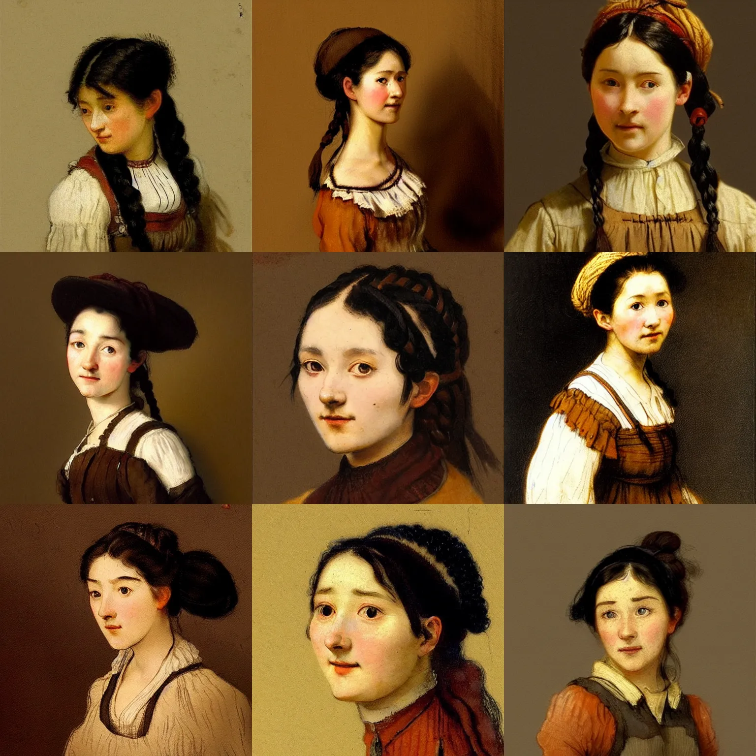 Prompt: a playful black haired, young hungarian peasant woman from the 19th century who looks similar to Lee Young Ae with a hair braid, detailed, high contrast, brown tones, concept art by Rembrandt and Thorma János