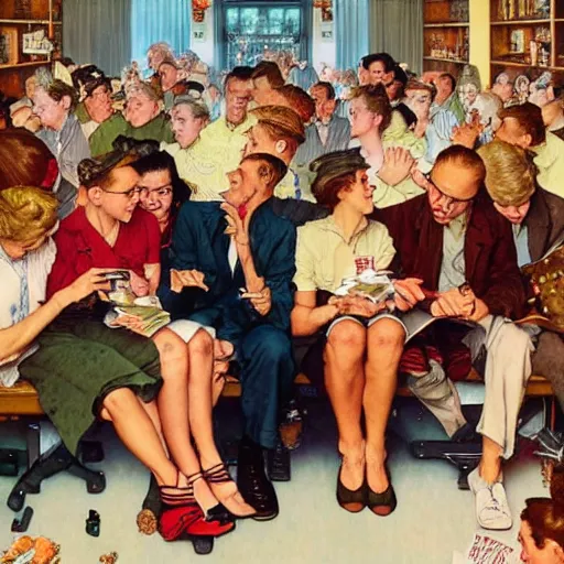 Image similar to an iconic beautiful illustration by norman rockwell of a group of friends gathering around to watch a slideshow pictures from a recent vacation trip, trending on artstation, highly detailed