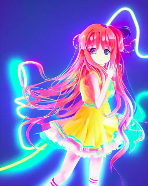 Image similar to anime style, vivid, expressive, full body, 4 k, painting, a cute magical girl idol with a long wavy hair wearing a colorful dress, correct proportions, stunning, realistic light and shadow effects, neon lights, studio ghibly makoto shinkai yuji yamaguchi
