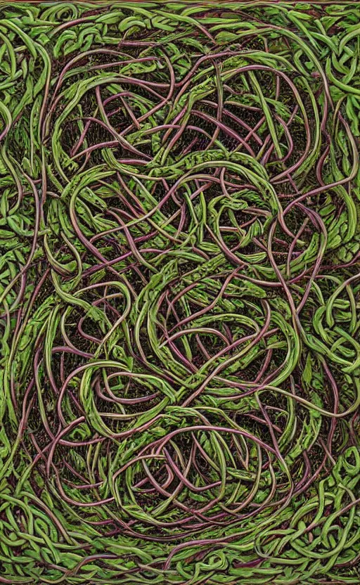 Prompt: a network of thick vines intertwined in the shape of a Celtic knot, central composition, in the style of Peter gric and Hannah yata 8k