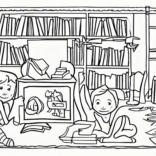 Prompt: a children's book scene with no colors, designed for children to learn coloring