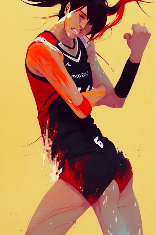 Image similar to a ultradetailed beautiful panting of a female volleyball player, by conrad roset, greg rutkowski and makoto shinkai, trending on artstation