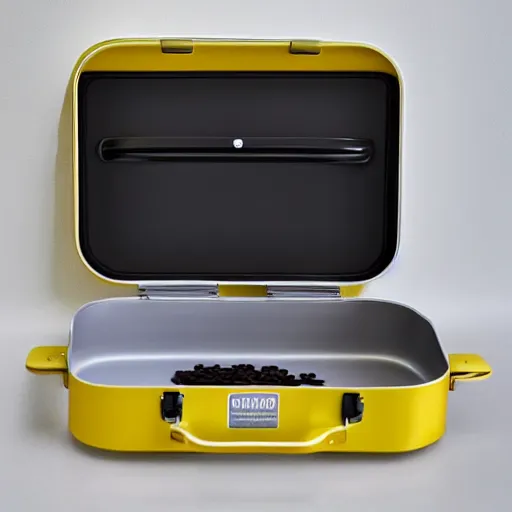 Image similar to one yellow coffee mug similar to a rimowa aluminium suitcase, full of steaming coffee