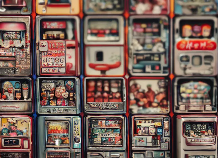 Image similar to closeupof portrait of tin toy tokyo corner store and vending machines, depth of field, zeiss lens, detailed, centered, photoshoot, by nicoletta ceccoli, mark ryden, lostfish, breathtaking, 8 k resolution, extremely detailed, beautiful, establishing shot, artistic, hyperrealistic, octane render, - h 7 0 4