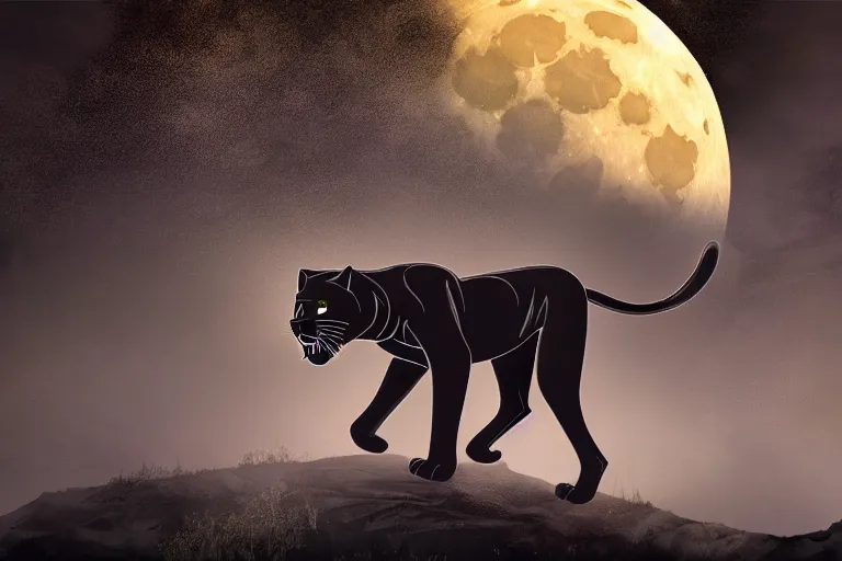 Image similar to a panther roaring at the moon in a forest during the night, large moon in the center. high quality. illustration. 4 k. cinematic. photoreal. highly detailed. dramatic. dark. night.