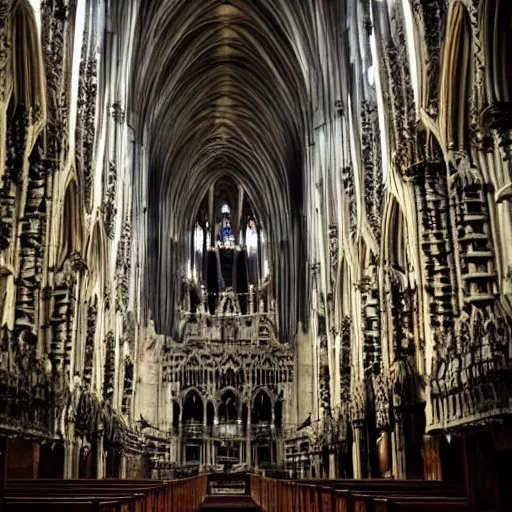 Image similar to A cathedral made out of skulls. Dream like, muted colors, dark, dreary.