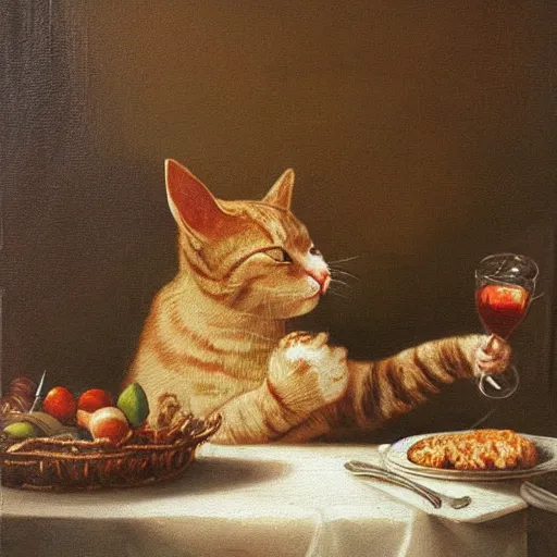 Image similar to cat eating dinner alone, Rococo oil painting