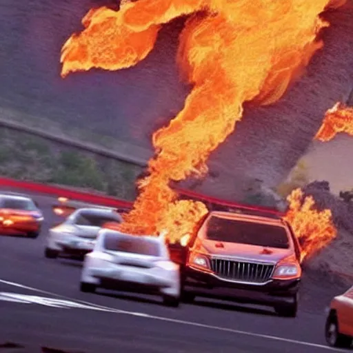 Image similar to photograph of donald trump on the highway firebending cars